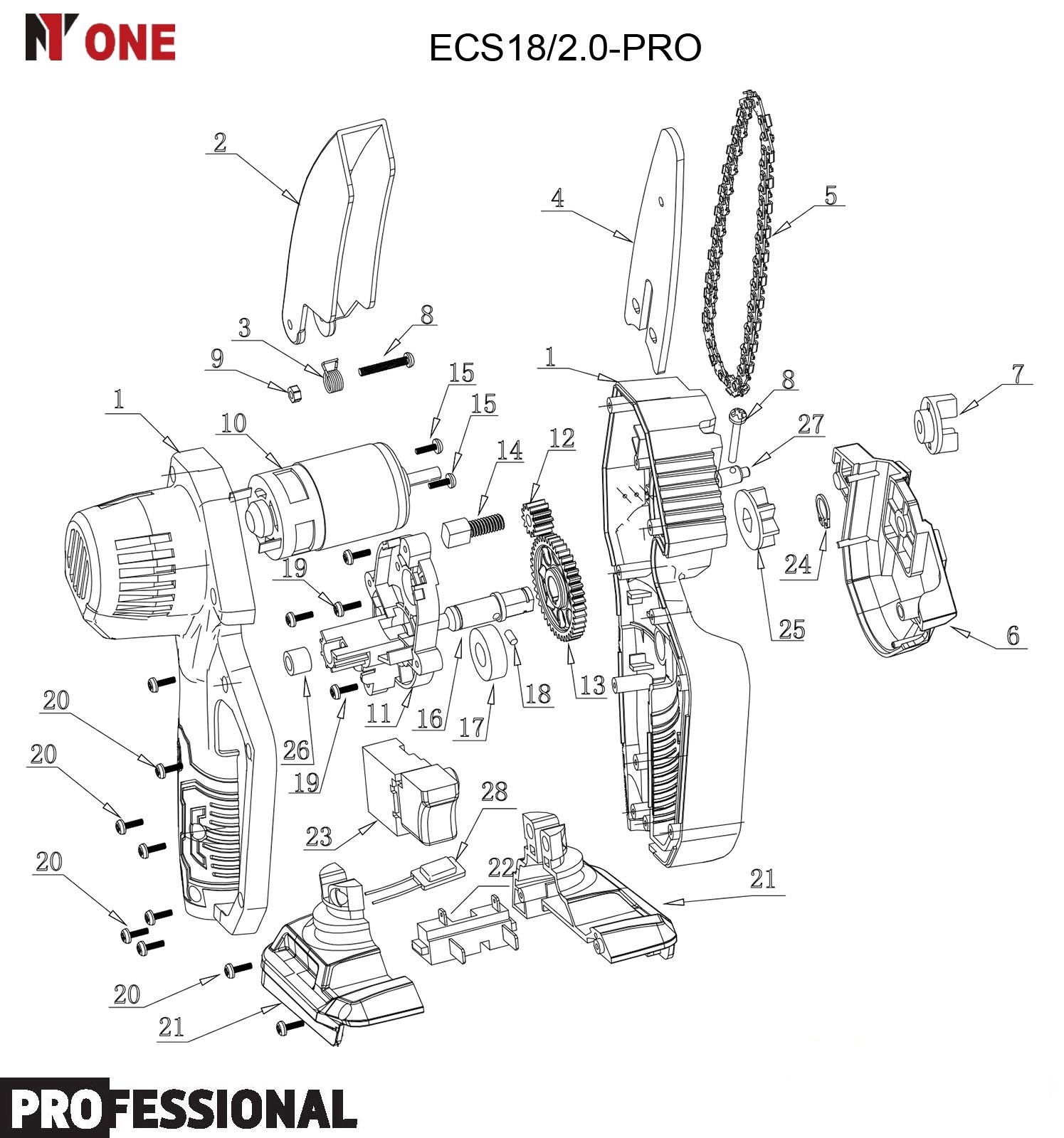 Пила цепн.акк. ECS18/2.0-PRO (18V,2акк,2,0Ач,З/У,15см шина,36зв,1,4шаг цепи,6м/с ск.вр.цепи,КЕЙС) №1