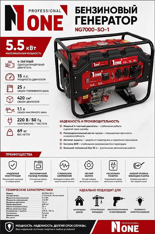 Генератор бензиновый NG 7000-SO-1 (5,0/5,5кВт,15лс,25л,ручн.старт,МЕДЬ) №1