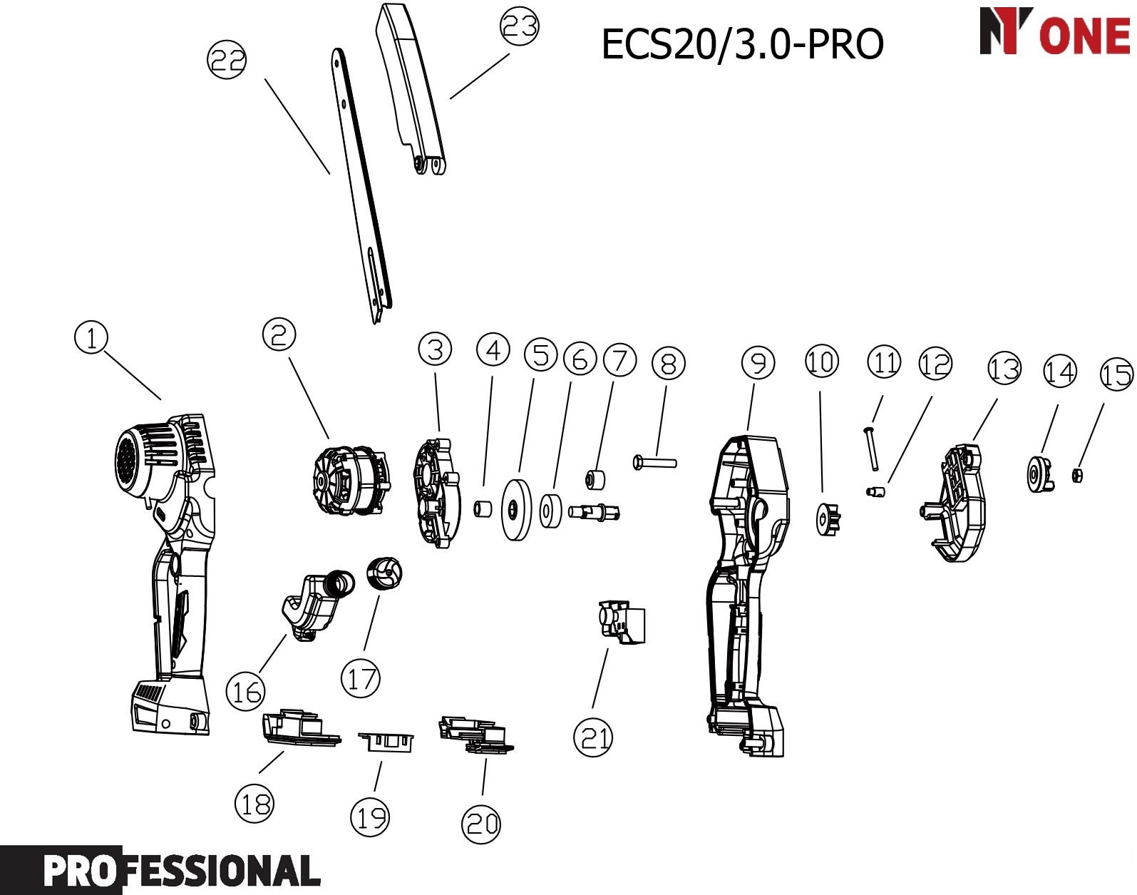 Пила цепн.акк.бесщет. ECS20/3,0-PRO (20V,1акк,3,0Ач,З/У,20см шина,45зв,+10см шина,28зв,КЕЙС) №1