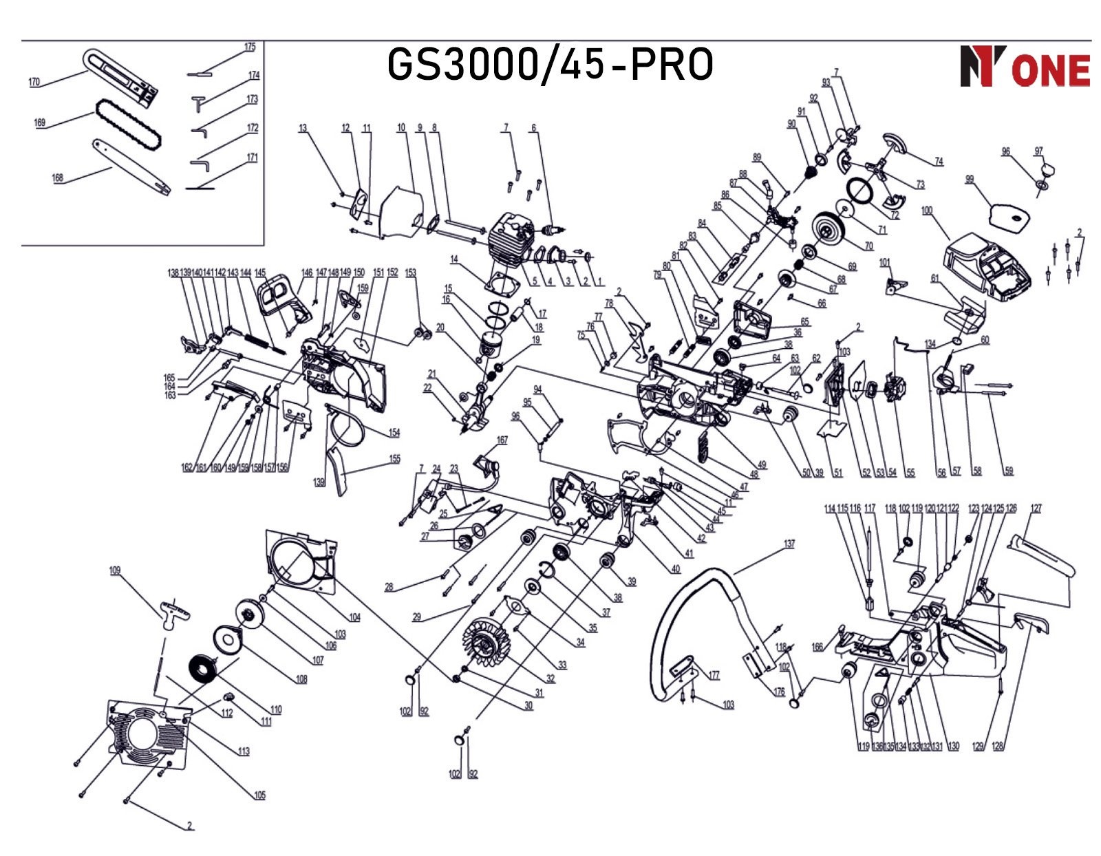 Пила бензиновая GS3000/45-PRO(45см3,3,0лс,40см/16 дл.шины,лег.старт,1,5мм шир.паза,64зв,3000Вт) №1