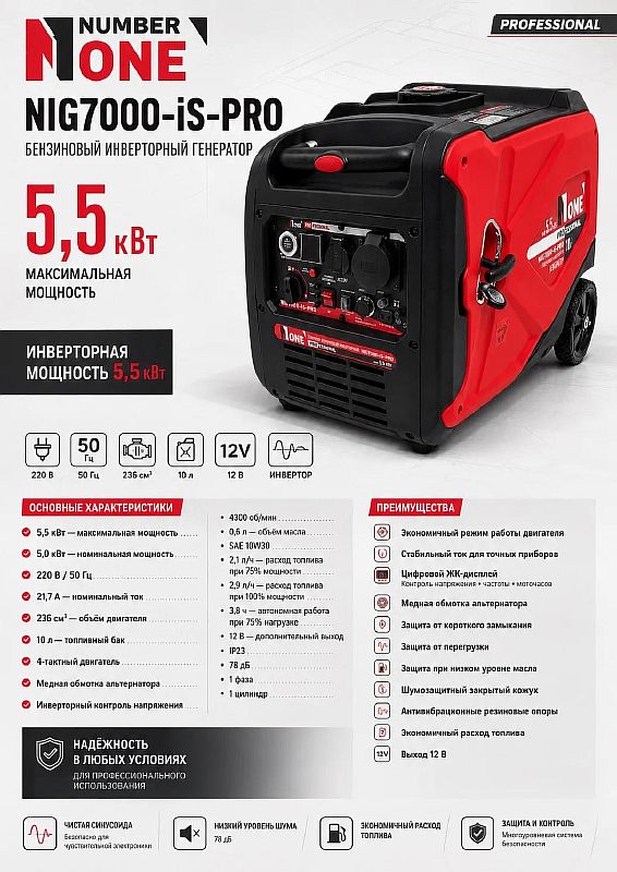 Генератор бенз.инверт.NIG 7000-IS-PRO (5,5кВт,220В,4-х такт,10л,бензин,электр.старт,медь,кожух) №1