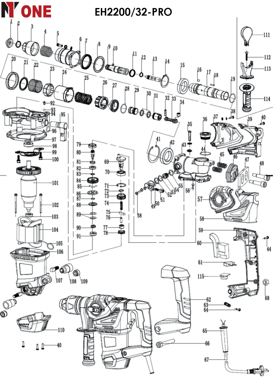 Перфоратор EH2200/32-PRO (2200Вт,3-х режим, 5,5Дж,SDS+, кейс)  №1