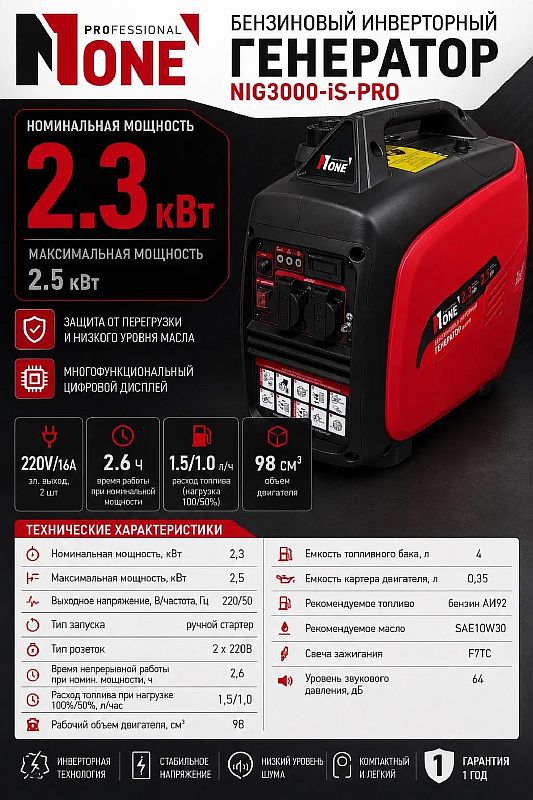 Генератор бенз.инверт.NIG 3000-IS-PRO (2,5кВт,220В,4-х такт,4л,бензин,ручн.зап,медь,кожух) №1 КУБ