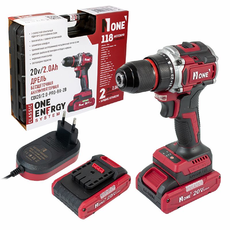 Дрель акк. бесщ.CDI20/2.0-PRO-BR-2B С НАБОРОМ 118пр(40Hm,20V/2,0Ah,10мм БЗПметал,2скор,2акк,З/У,КЕЙС