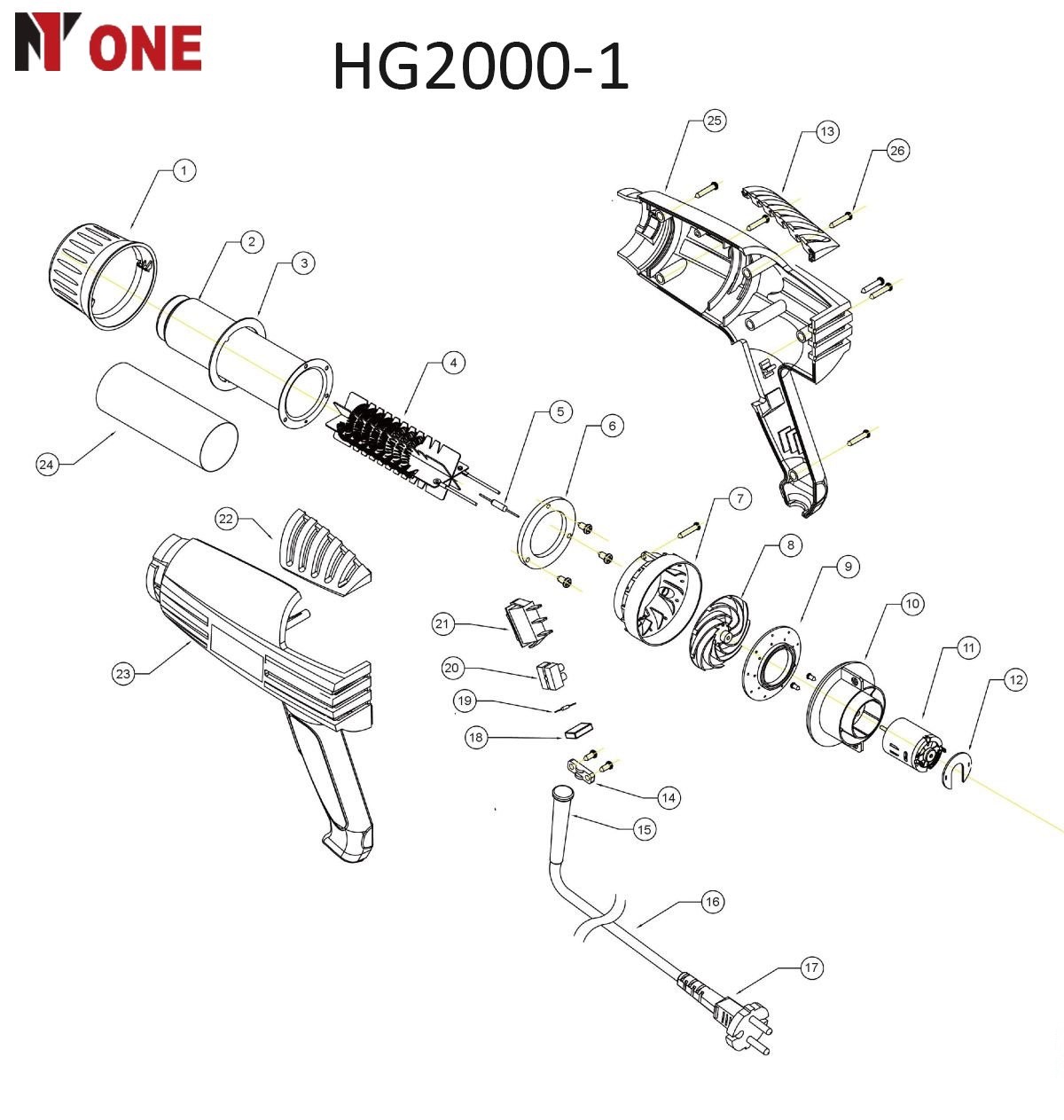 Электрофен HG2000-1 (2000Вт,3насадки,50-600градусов) №1