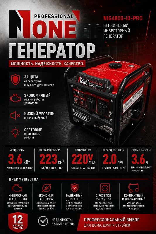 Генератор бенз.инверт.NIG 4800-IO-PRO (3,5кВт,220В,4-х такт,7,5л,бензин,ручн.зап) №1