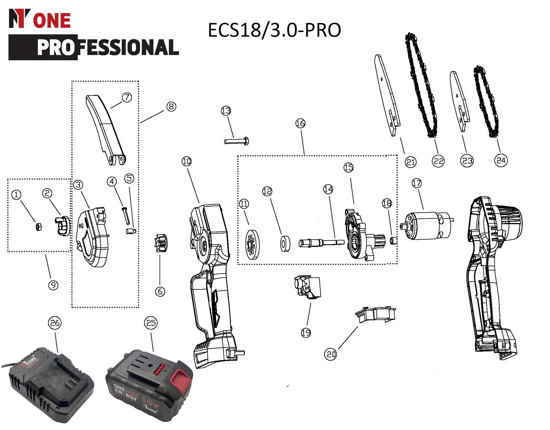 Пила цепн.акк. ECS18/3.0-PRO (18V,1акк,3,0Ач,З/У,15,2см шина,37зв,+10см шина,28зв,КЕЙС) №1