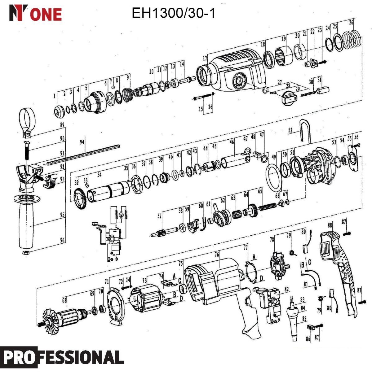 Перфоратор EH1300/30-1 (3-х режимн.3,2Дж,1300Вт,4600уд/мин,SDS+,КЕЙС,набор буров) №1