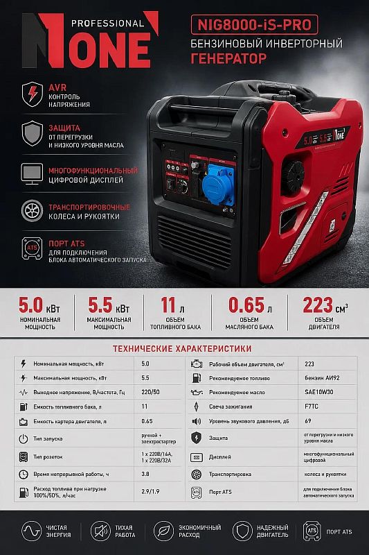 Генератор бенз.инверт.NIG 8000-IS-PRO (5,5кВт,220В,4-х такт,11л,бензин,эл.ст,медь,кожух,ПОРТ ATS) №1