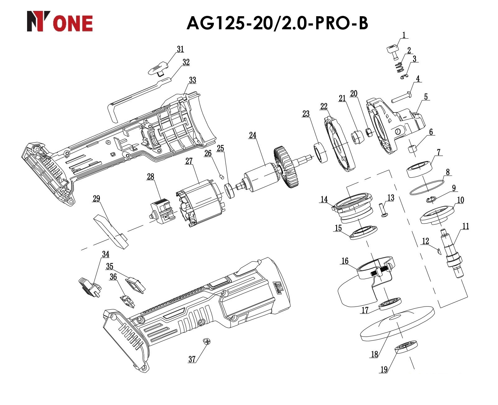 INDUSTRIAL УШМ акк.бесщет. AG125-20/2.0-PRO-B (125мм,плавный пуск,элект.рег.обор.,тушка)  №1